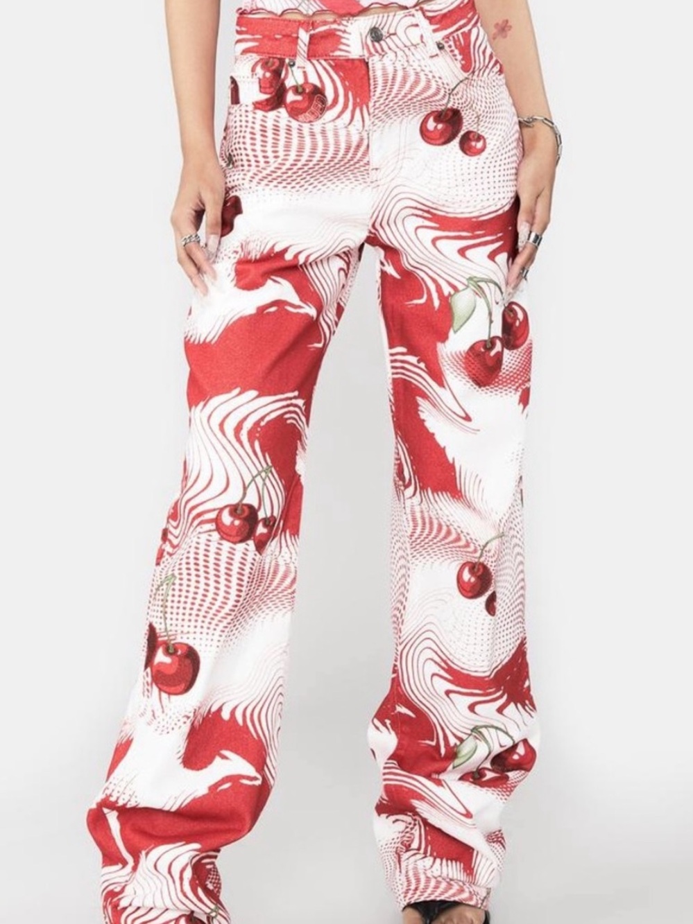 Jaded London Red and White Cherry-Print Boyfriend Jeans- 23 petite